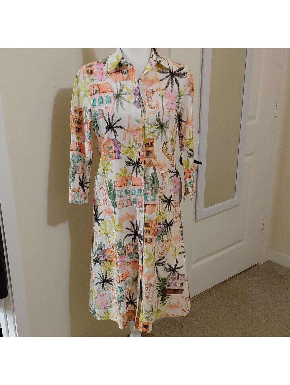 Spighe di Lino Tropical Floral Shirt Dress Linen Cotton Sz S #923 EUC